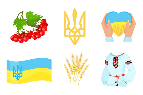 Set Ukrainian symbols. Tryzub, vyshyvanka, viburnum, arms with heart, national flag of Ukraine, ears of wheat. Vector.