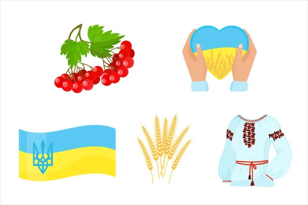 Stel Oekraïense Symbolen Vyshyvanka Viburnum Armen Met Hart Nationale Vlag — Stockvector