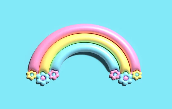 3d cute rainbow. Cartoon rainbow with sweet flowers. Colorful arch is the element summertime objects, vacation, happy day. Isolated illustration on blue background.