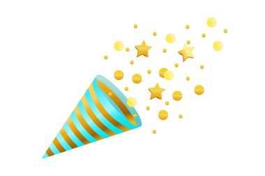 Konfeti, kestane fişeği, karnaval ve kağıt. Mavi, altın rengi. Çember, yıldız. Beyaz arkaplanda vektör çizimi. Çizgi film biçimi.