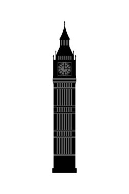 Beyaz arka planda Siyah Büyük Ben Kulesi. İngiliz sembolü. Ayrıntılı olarak. Londra 'yı dolaş. İngiltere 'de turizm objesi. Vektör illüstrasyonu.