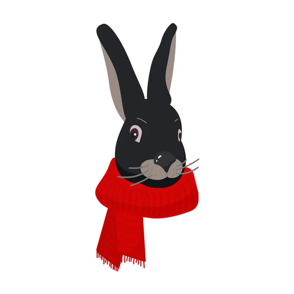 Testa Nera Coniglio Con Una Sciarpa Rossa Uno Sfondo Bianco — Vettoriale Stock