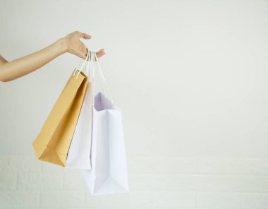 Paper shopping bags, on white background, female hands, holding shopping bags, concept, shopping mall shopping frenzy.