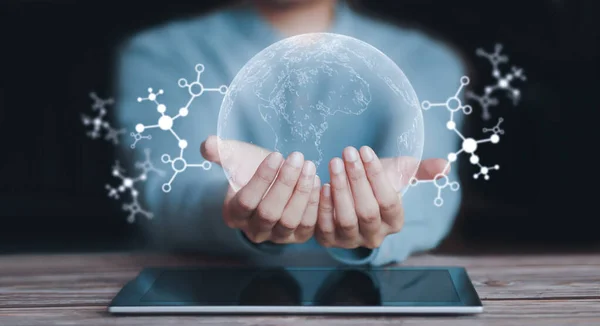 Global technology, connection concept, global network, business, finance, hand gesture, holding hologram globe.