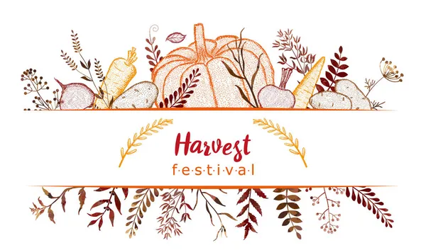 Hasat festivali. Sebzeli çerçeve. Balkabağı, havuç, patates, pancar, yaprak, dal, çiçek. Nokta çizimi.