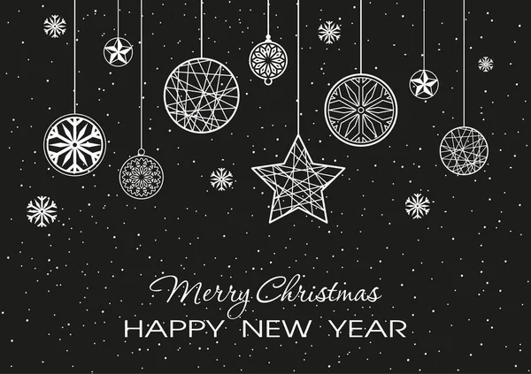 Weihnachtsdekoration Schneeflocken Und Sterne Auf Schwarzem Hintergrund Neujahrsgrußkarte Oder Einladung — Stockvektor