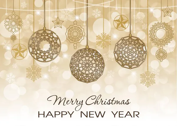 Altın dolu yeni yıl kartı. Mutlu Noeller ve mutlu yıllar. Işık saçan arka planlar, çelenkler ve Noel süslemeleri.