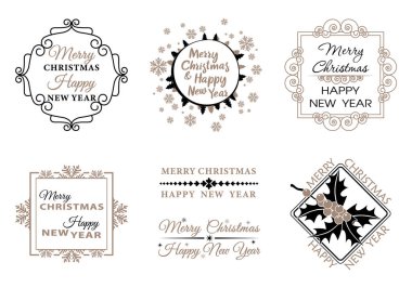 Yeni yıl süsleri seti. Noel tebrikleri içeren çerçeveler. Dekoratif elementlerden yapılmış sınırlar. Davetiyeler ve tatil kartları için tasarımcı çerçeveleri.