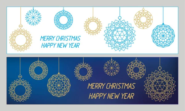 Weihnachtsdekoration Neujahrsbanner Weihnachtsspielzeug Auf Weißem Und Blauem Hintergrund Frohe Weihnachten — Stockvektor