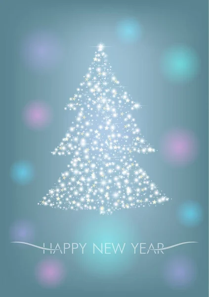 雪片や星からのクリスマスツリー 明けましておめでとうございます 明るい光沢のあるクリスマスツリー 発光グローと青の背景 年賀状 招待状 — ストックベクタ