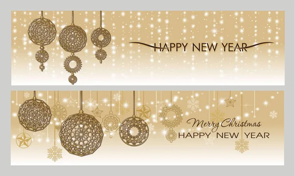 Zwei Neujahrsfahnen Gold Frohe Weihnachten Und Ein Gutes Neues Jahr — Stockvektor