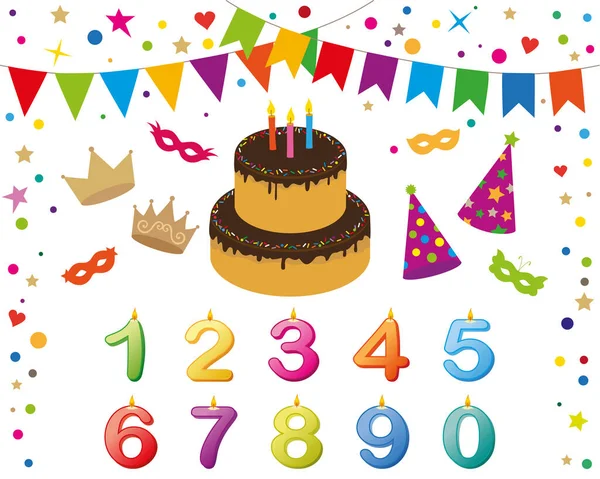 誕生日 記念日 番号の形でろうそくとお祝いのケーキ ホリデーグリーティングカード バナー ポスターのオブジェクト — ストックベクタ
