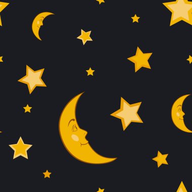 Gece gökyüzünde ay ve yıldızlar. Vektörsüz desen.