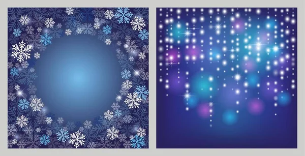 Dos Fondos Invierno Con Copos Nieve Estrellas Guirnaldas Brillantes Plantillas — Vector de stock