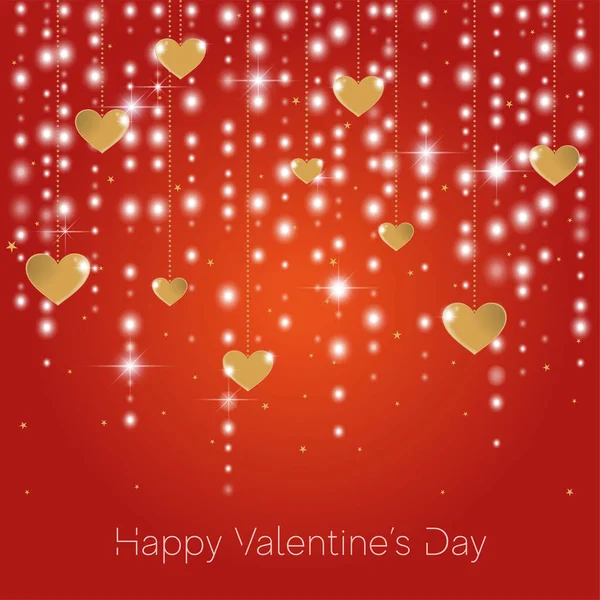 Happy Valentine Day Glowing Garlands Golden Hearts Stars Red Background — Stock Vector