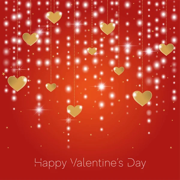 Sevgililer Günün Kutlu Olsun Parlayan Çelenkler Altın Kalpler Kırmızı Arka — Stok Vektör