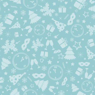 Noel özellikleriyle şenlikli bir geçmiş. Ağaçlar, saatler, kar taneleri, yıldızlar, hediyeler, bardaklar, ökseotu dalları ve diğerleri. Açık mavi renkli arka plan. Vektörsüz desen.
