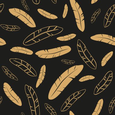 Siyah arka planda altın tüyler. Vektörsüz desen.