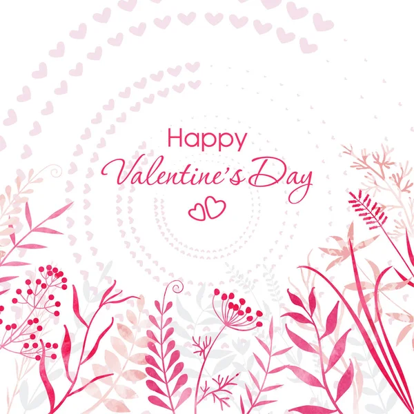 Happy Valentine Day Delicate Background Flowers Leaves Twigs Herbs Circle — Stock Vector