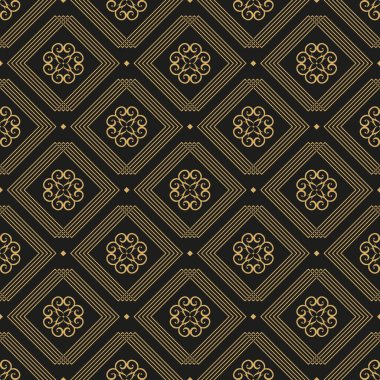 Siyah arka planda çiçekli altın süs. Dönen çiçeklerin ve eşkenar dörtgenlerin geometrik deseni. Kusursuz vektör deseni.