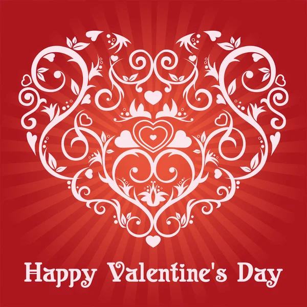 Beautiful Heart Flowers Swirls Red Background Happy Valentine Day — Stock Vector