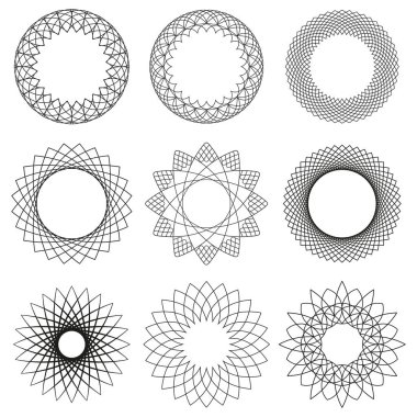 Yuvarlak süsler. Çizgilerden yapılmış bir sınır. Geometrik desen. Çember şekilleri. Davetiyeler ve tatil kartları için tasarım şablonu.