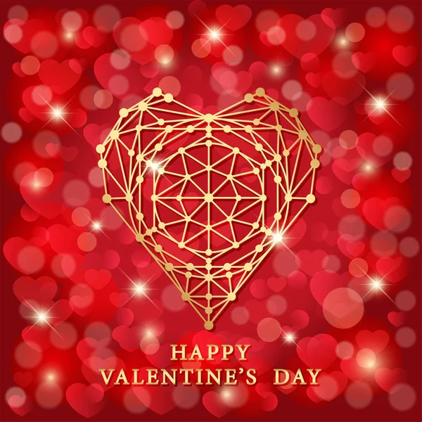 Red Background Hearts Shiny Stars Openwork Golden Heart Happy Valentine — Stock Vector