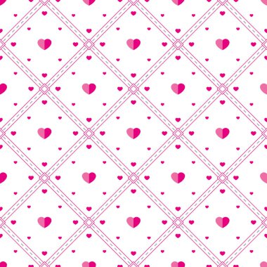 Beyaz arka planda pembe kalpler ve eşkenar dörtgenler. Rombik hücrelerde pembe kalpler. Kusursuz vektör deseni. Kartlar ve davetler için basit arkaplan.