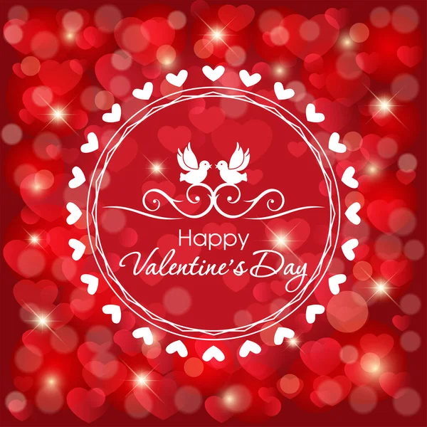 心と挨拶のフレーズとラウンドフレーム 心と光沢のある星と赤の背景 ハッピーバレンタインデー お祝いのカード — ストックベクタ