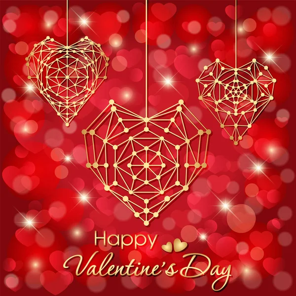 Red Background Hearts Shiny Stars Openwork Golden Hearts Happy Valentine — Stock Vector