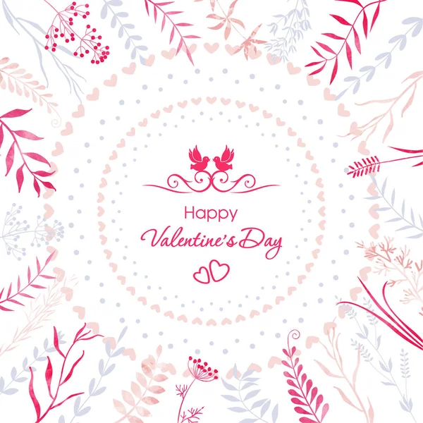 ハッピーバレンタインデー ハーブの繊細な背景 心と点の円 休日カードのテンプレート — ストックベクタ