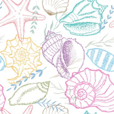 Deniz kabukları ve deniz yosunu renkli. Vektörsüz desen.
