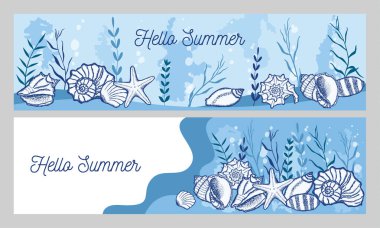 Mavi renkli deniz kabukları ve yosunlar. Deniz nesnelerinin olduğu iki pankart.