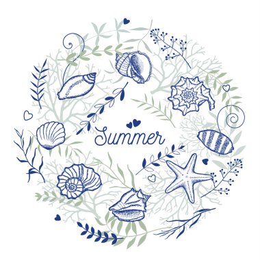 Deniz kabuğu çelengi ve deniz bitkisi. Deniz çerçevesi.