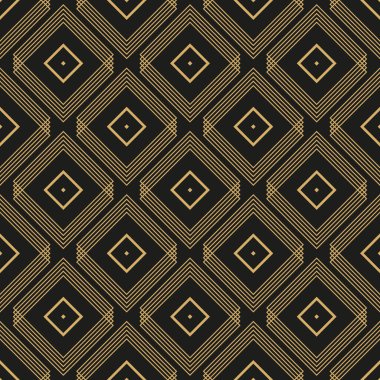 Geometrik altın süs, siyah arkaplanda. Rhombus süsü. Siyah arkaplanda pürüzsüz desen.