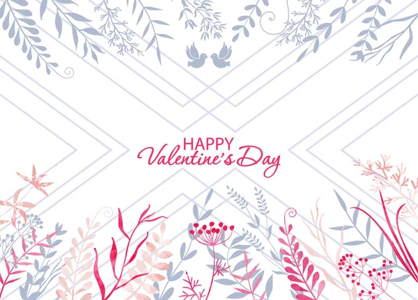 ハーブの繊細な背景 ハッピーバレンタインデー 挨拶の碑文 装飾的な線や鳥 休日カードのテンプレート — ストックベクタ