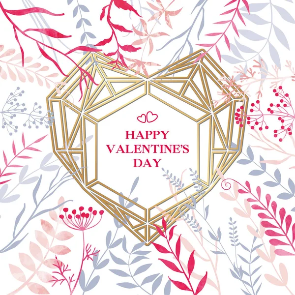 Delicate Background Flowers Leaves Twigs Herbs Happy Valentine Day Frame — Stock Vector