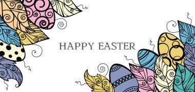 Paskalya yumurtaları ve renkli yapraklar. Mutlu Paskalyalar. Tebrik kartı için biçim.