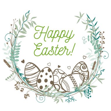 Mutlu Paskalyalar. Dallardan, yabani otlardan ve çiçeklerden oluşan bir çelenk içinde Paskalya yumurtaları..