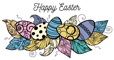 Mutlu Paskalyalar. Paskalya yumurtaları ve renkli yapraklar..