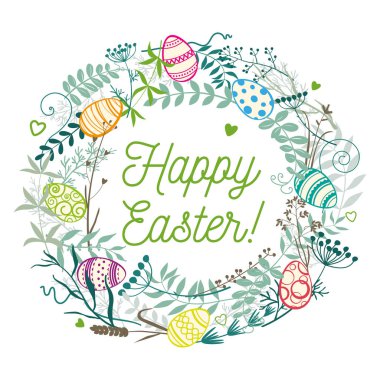 Mutlu Paskalyalar. Dallardan, yabani otlardan ve çiçeklerden oluşan bir çelenk içinde Paskalya yumurtaları..