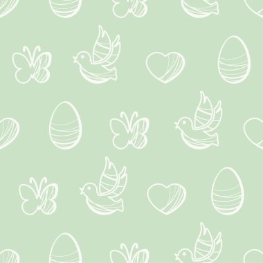 Paskalya eşyalarıyla dolu bir arka plan. Paskalya yumurtaları, kuşlar, kalpler, kelebekler. Vektörsüz desen.