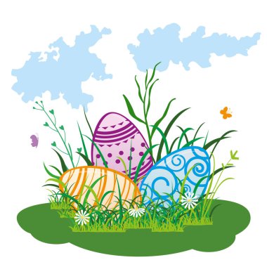 Çimlerde renkli Paskalya yumurtaları. Paskalya desenli yumurta. Mutlu Paskalyalar.