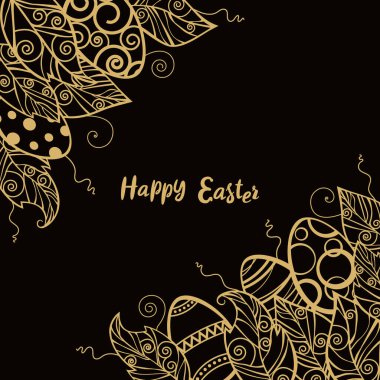 Paskalya yumurtaları ve desenli yapraklar. Mutlu Paskalyalar. Altına çevrilmiş tebrik kartı biçiminde.