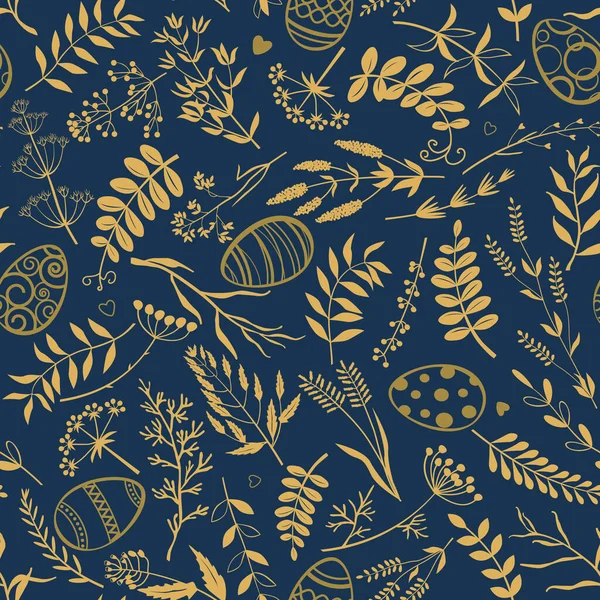 Paskalya yumurtaları, dallar, otlar ve çiçekler koyu mavi arka planda. Paskalya teması. Koyu mavi arka planda altın tasarım elementleri. Vektörsüz desen.