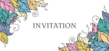 Çiçek çerçevesi. Renkli soyut yapraklar ve çiçekler. Davetiyeler, düğün, doğum günü ve diğer tatiller için kartpostallar..