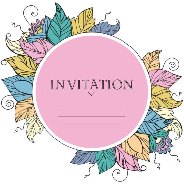 Davetiyeler için yuvarlak çerçeve, düğün için kartpostallar, doğum günü ve diğer tatiller için. Çiçek çerçevesi. Renkli soyut yapraklar ve çiçekler.