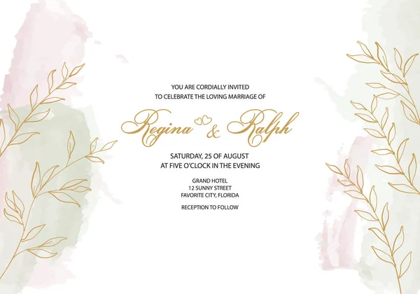 Card Template Invitation Gold Twigs Leaves Gentle Watercolor Background Invitation — Vetor de Stock