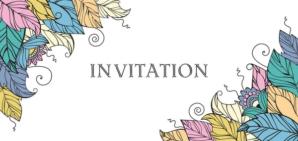 Çiçek çerçevesi. Renkli soyut yapraklar ve çiçekler. Davetiyeler, düğün, doğum günü ve diğer tatiller için kartpostallar..