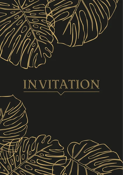 Golden Leaves Plant Monstera Black Background Template Cards Invitations — Vetor de Stock